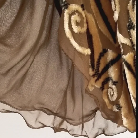 Marian Clayden Neiman Marcus Dress Cut Silk & Velvet Burnout Maxi Tan Size M - Picture 11 of 17